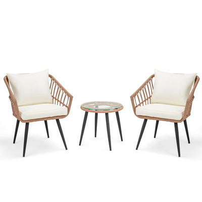 ECOTOUGE 3 Pieces Wicker Patio Bistro Set, Patio Rattan Dining Set with Glass Top Table and Cushions, Outdoor Conversation Furniture Set for Porch, Backyard and Garden (Beige)
