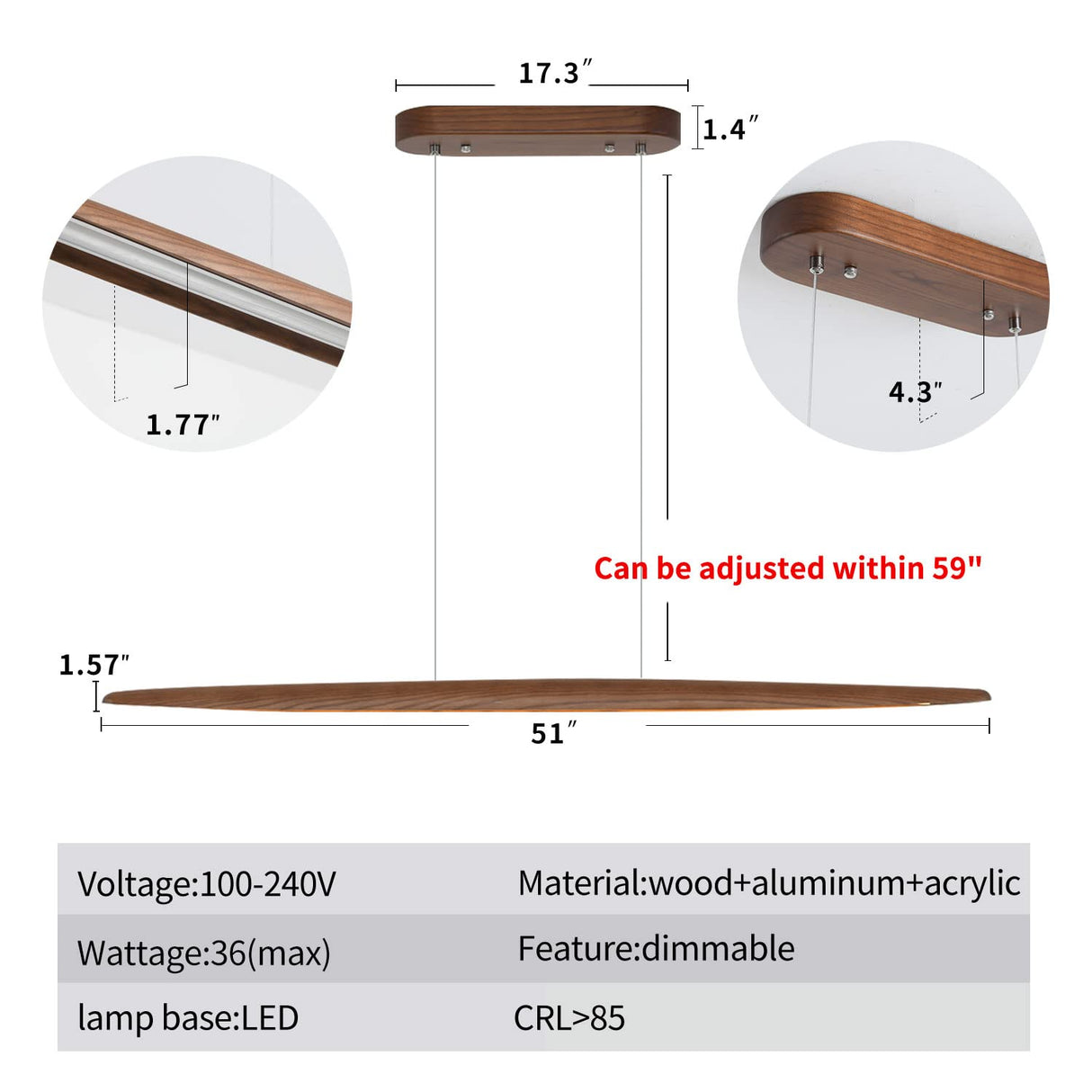 YISDESIGN 51" LED Dimmable Wooden Linear Pendant Lighting Island Lights for Dining Room Bar Kitchen Island Hanging Light Fixture Walnut Color YISDESIGN