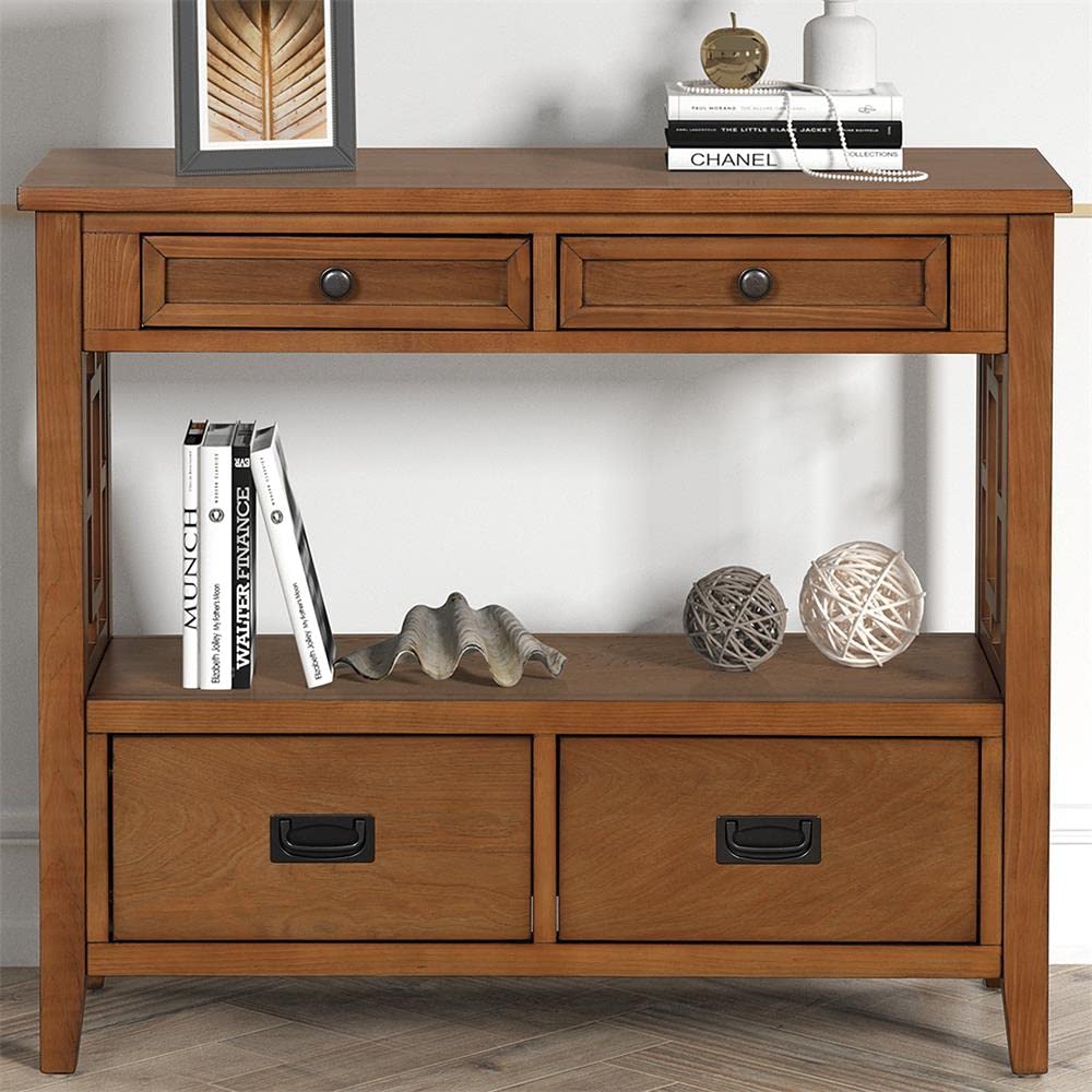 L“KeKe 36 Inch Country Farmhouse Console Table with 4 Drawers and 1 Storage Shelf Pine Wood Suitable for Entryway Entrance Living Room Bedroom L“KeKe