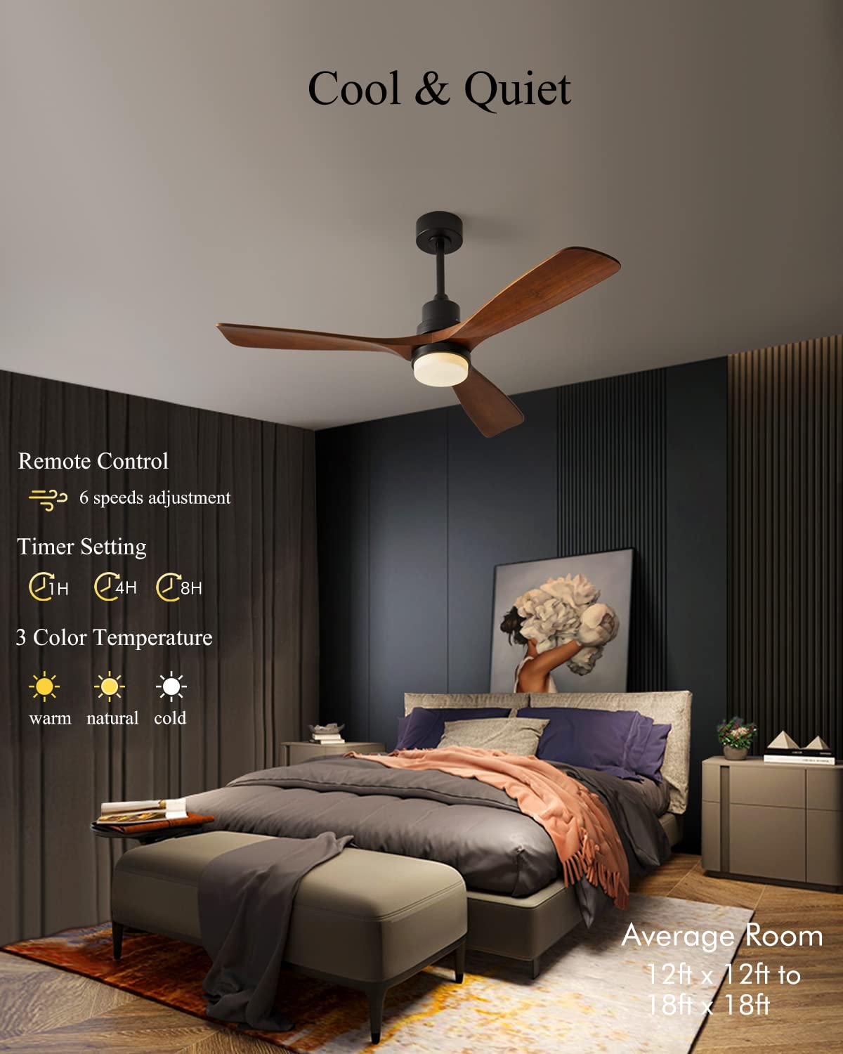 Chriari Modern Ceiling Fans with Lights, 3 Wood Fan Blades, 52" Black with Remote Control, Noiseless Reversible DC Motor for Bedroom/Living Room/Study/Patio Chriari