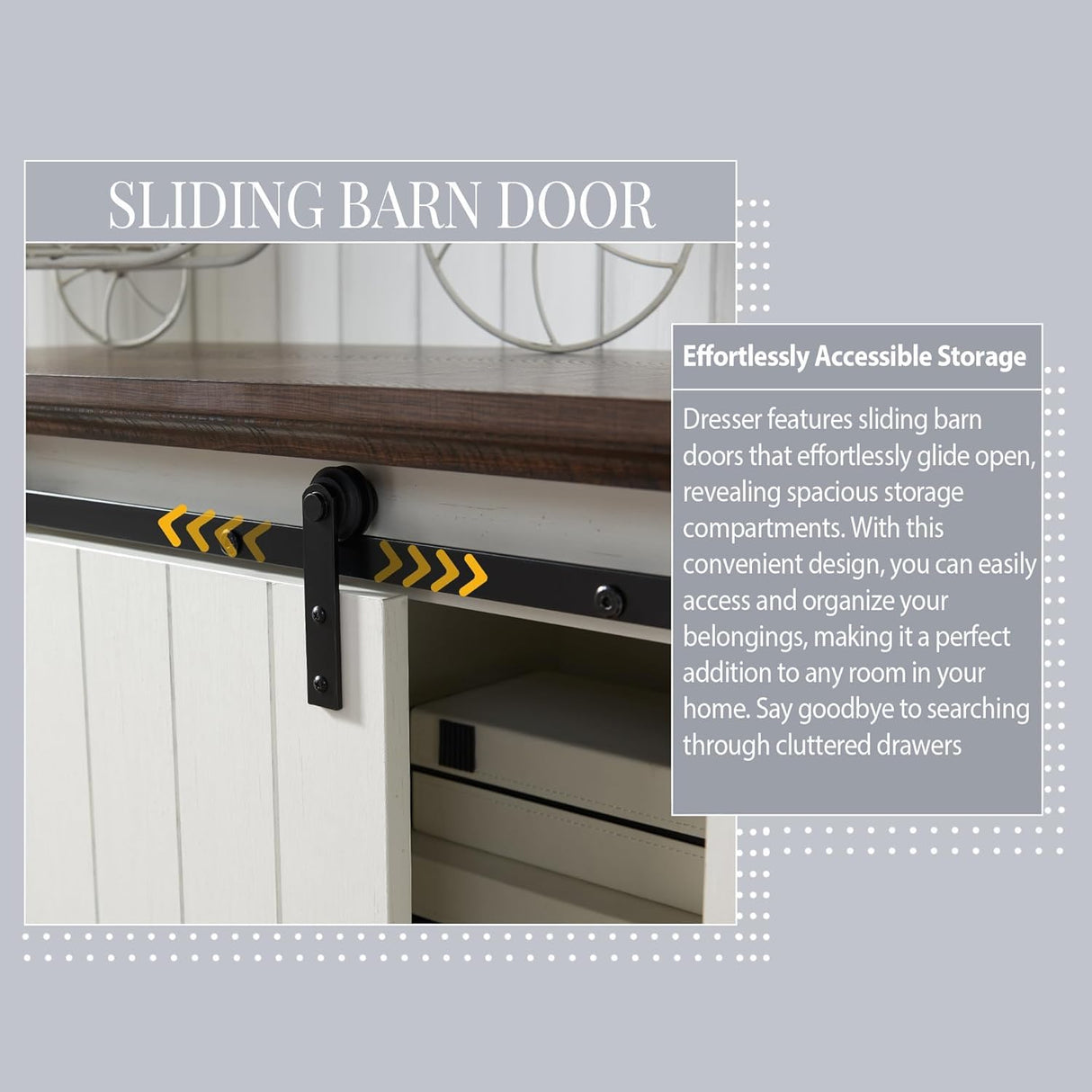 IFGET Farmhouse 5 Drawers Dresser for Bedroom, 47" Tall Chest of Drawers w/Sliding Barn Door, Rustic Wood Dressers Organizer w/Adjustable Shelves for Bedroom, Living Room, Kitchen-Antique White IFGET