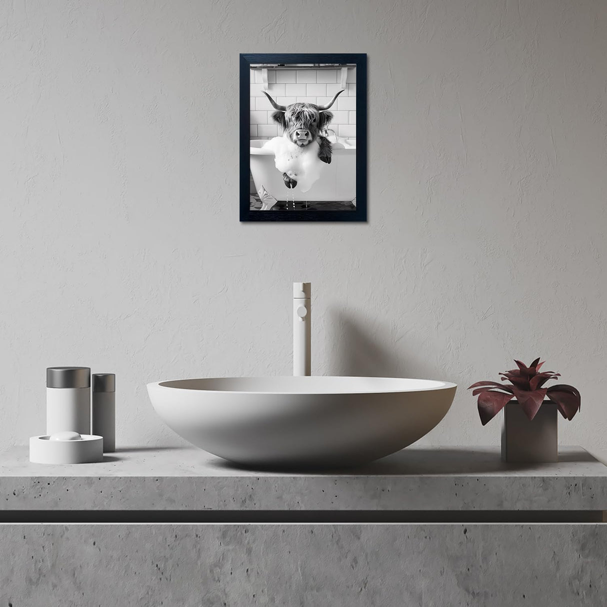 Highland Cow Bathroom Decor, Funny Bathroom Wall Art, Highland Cow in Bathtub Farmhouse Canvas Print, Black and White Cow Pictures Wall Decor, Framed Animal Pint Artworks for Wall Senlifa Art