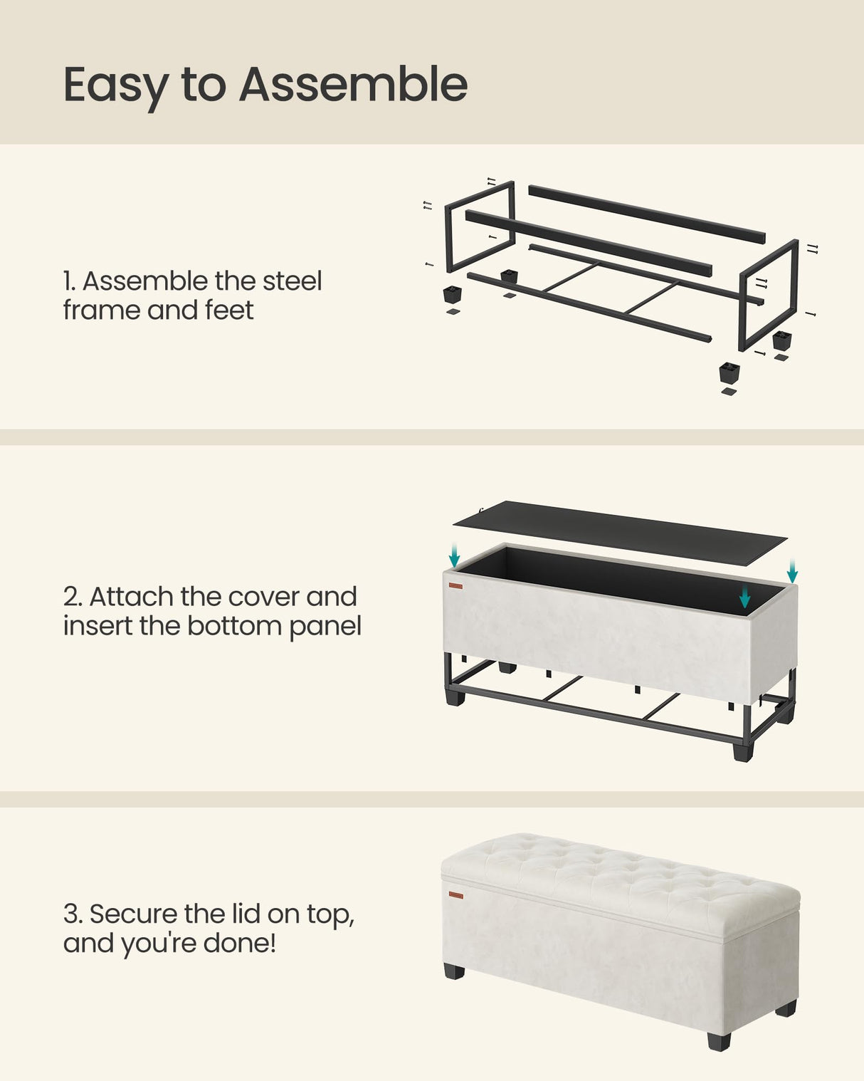 SONGMICS Velvet Storage Ottoman Bench, Foot Rest with Legs, 15.7 x 43 x 15.7 Inches, End of Bed Bench, Storage Chest, Load up to 660 lb, for Living Room, Bedroom, Entryway, Cream White ULSF089W01 SONGMICS