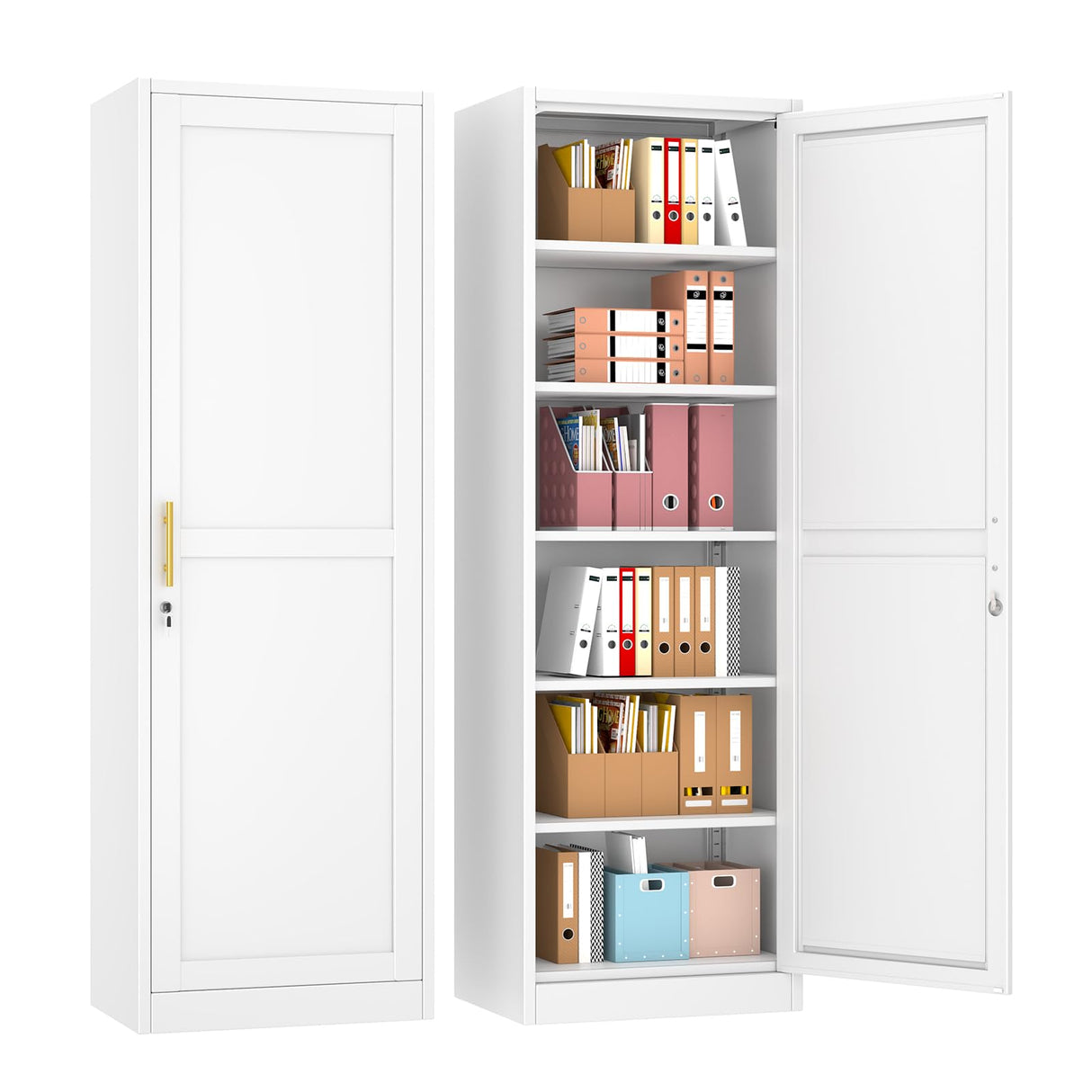 pozdeg 67" Metal Storage Cabinet with Lock, Tall Narrow Office File Cabinets with 5 Adjustable Shelves, Metal Steel Locker for Home, School, Office, Garage or Gym (White) pozdeg