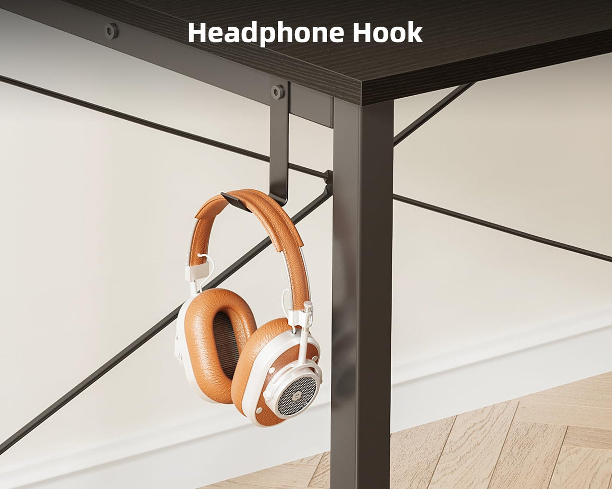 ODK Computer Desk - 48 Inch Office Writing Desk for Home, Student Study Desk with Storage Bag, Headphone Hook & Power Outlets, Modern Simple Table for Bedroom, Black ODK