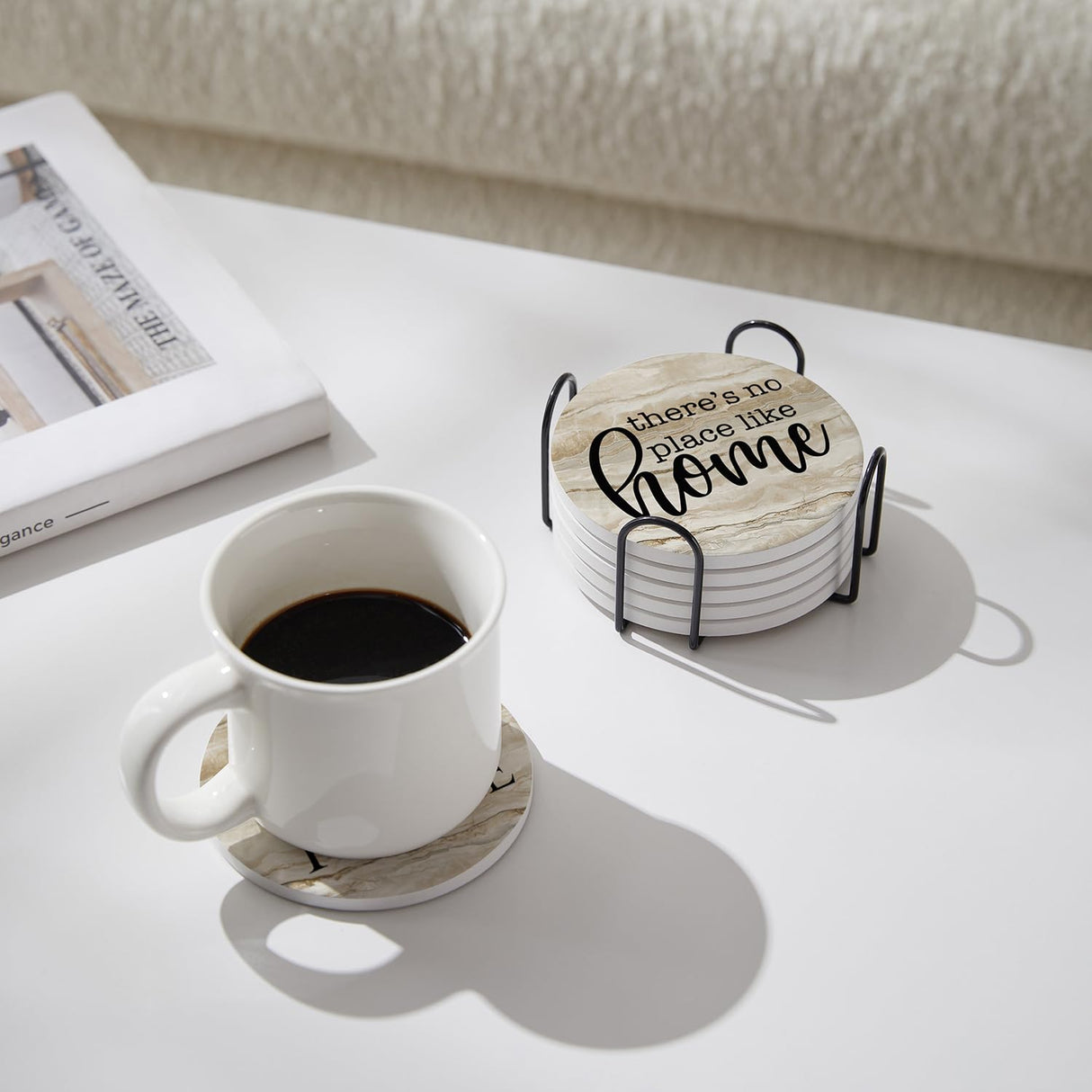 Hoomey Coasters for Drinks, Set of 6 Absorbent Drink Coasters with Holder, Rustic Ceramic Drink Coasters with Cork Backing for Table Protection, Housewarming Gifts, Farmhouse Décor Hoomey