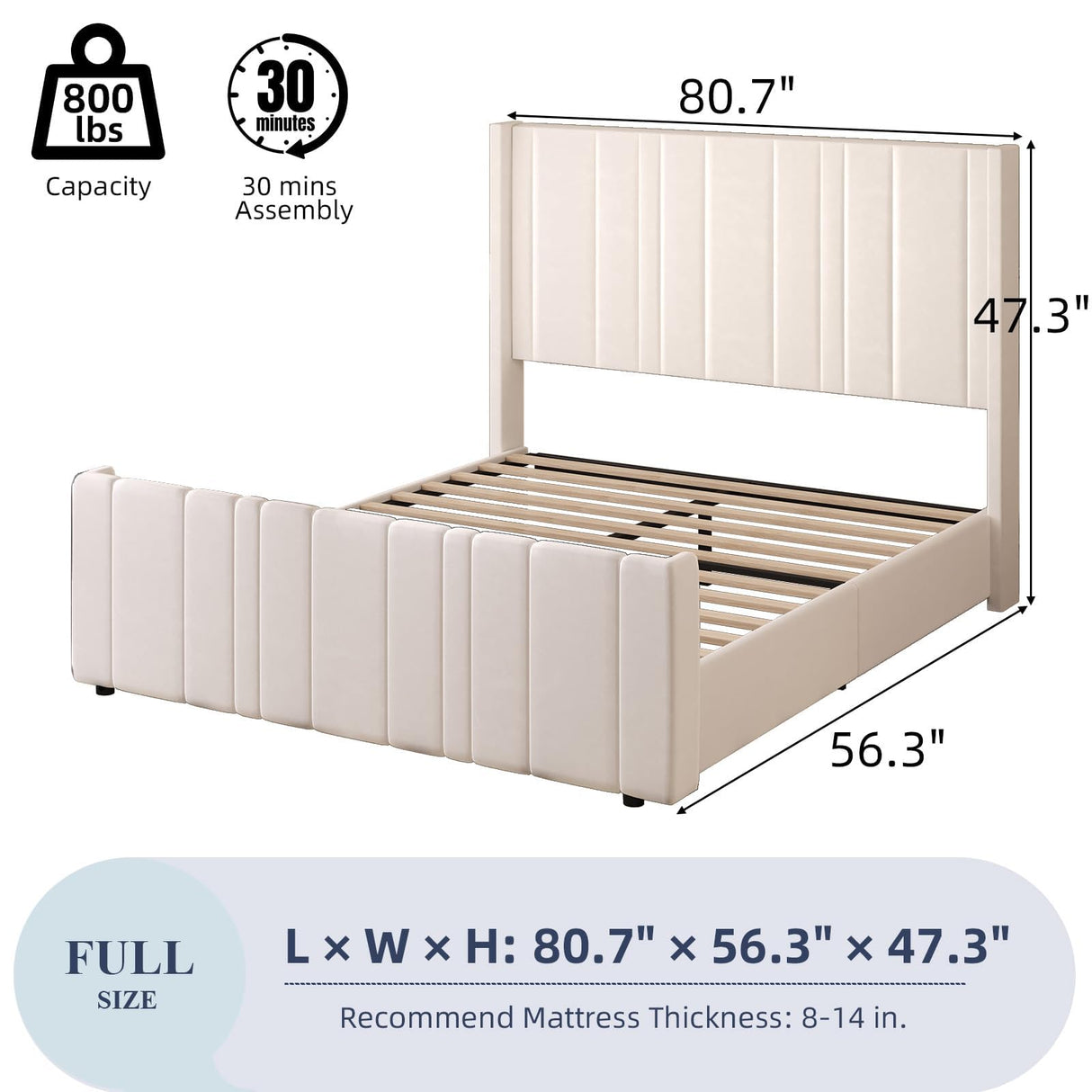 HOMBCK Full Bed Frame Upholstered Bed with Vertical Channel Tufted Headboard & Footboard/Wooden Slats/No Box Spring Needed/Easy Assembly, Cream HOMBCK
