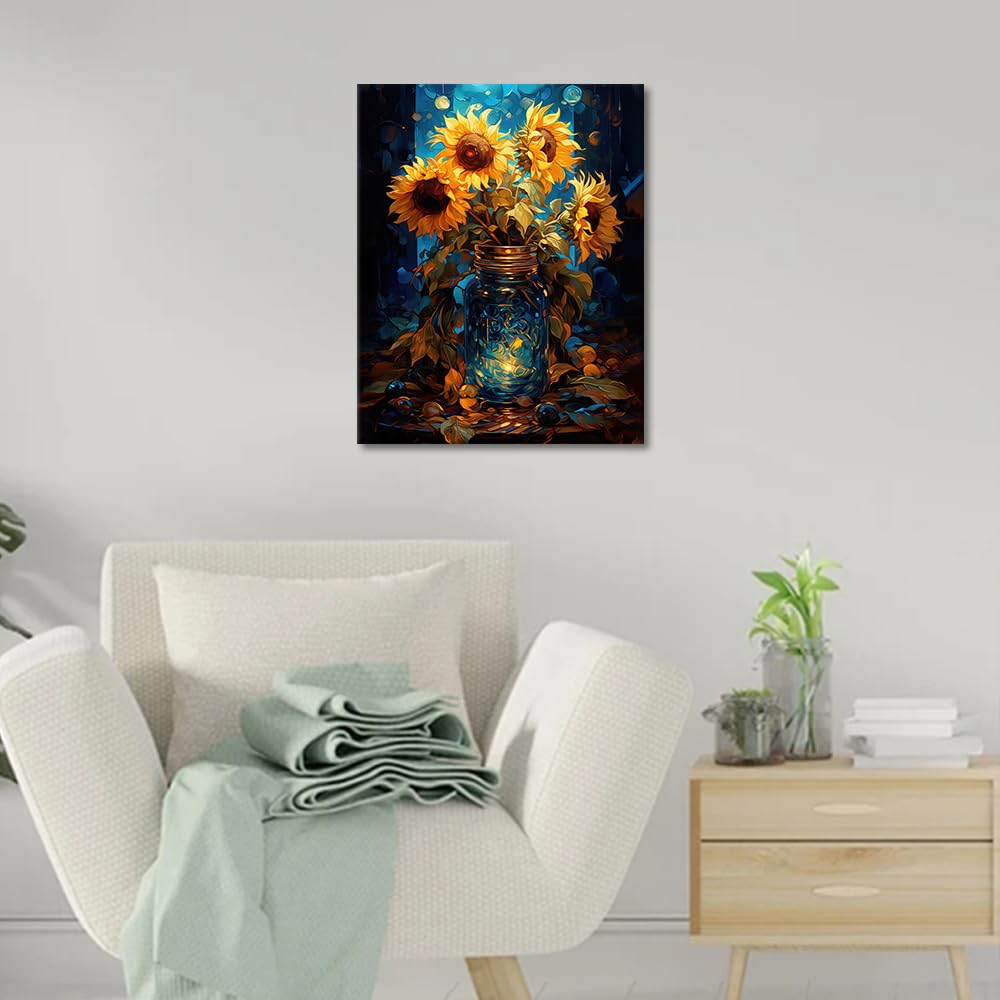 TUMOVO Paint by Number for Adults DIY Paint by Numbers Sunflowers in a Glass Jar Night Sky Abstract Paint by Numbers for Beginners Oil Hand Painting by Numbers Home Wall Decor Art Crafts 16x20 inch TUMOVO