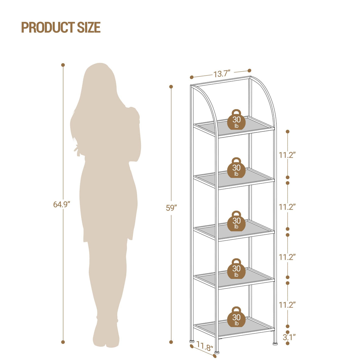 Hzuaneri Bookcase Bookshelf, Tempered Glass Arched Bookshelf for More Storage, Slim Shelving Unit for Bedroom, Bathroom, Home Office, Steel Frame, 5 Tier Gold BC20599G Hzuaneri