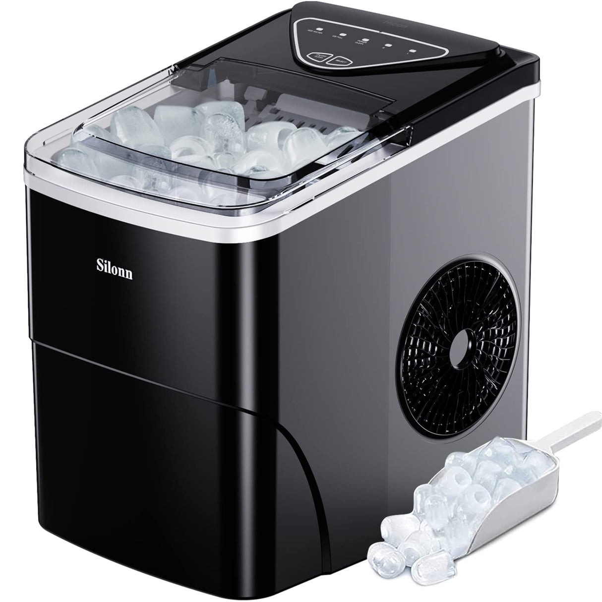 Silonn Ice Maker Countertop, 9 Cubes Ready in 6 Mins, 26lbs in 24Hrs, Self-Cleaning Ice Machine with Ice Scoop and Basket, 2 Sizes of Bullet Ice for Home Kitchen Office Bar Party Silonn