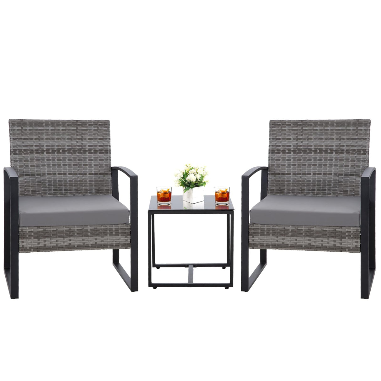 HYDRAGARDEN 3PCS Patio Furniture Set, Outdoor Wicker Bistro Conversation Set with Padded Cushions & Glass Table, Garden Rattan Chair Set for Porch Balcony Backyard (Plus Grey Wicker & Grey Cushions) EARLGROVE