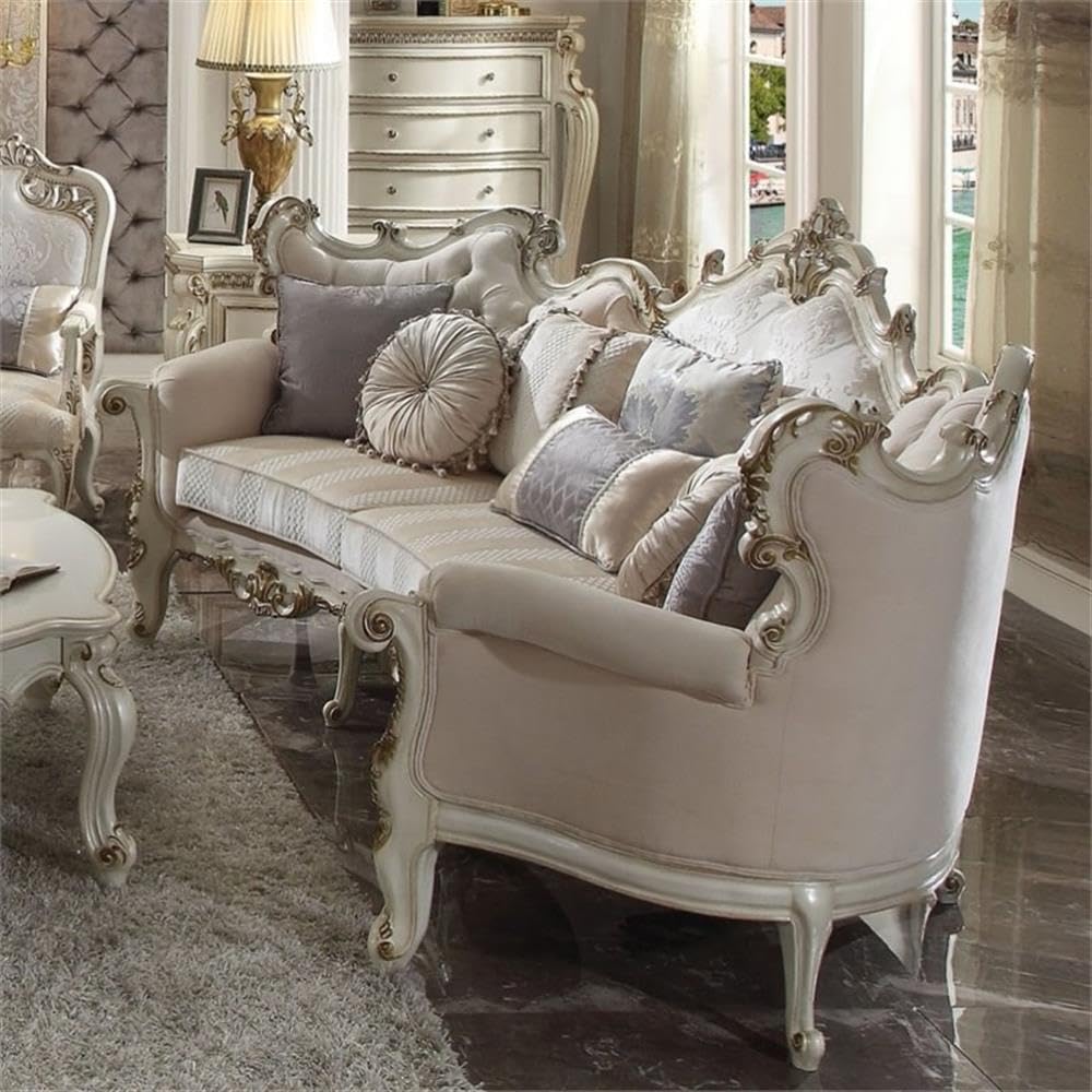 Acme Picardy Fabric Upholstered Sofa with 8 Pillows in Antique Pearl Acme