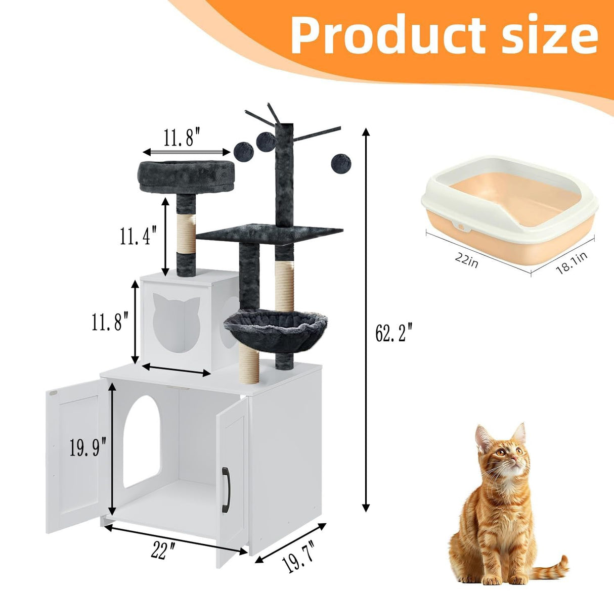 Cat Tree with Litter Box, Wood Litter Box Enclosure with Food Station, Modern Cat Tower for Indoor Large Cats with Large Platform,Cat Condo with Scratching Posts, Hammock, Caves, Basket,White Gaalloopyger