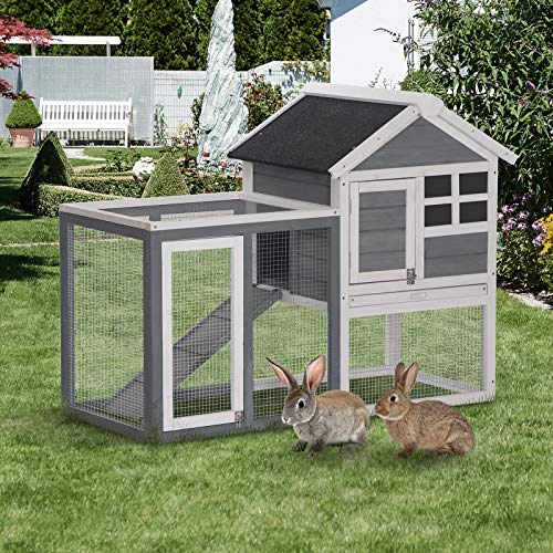 PawHut 48" Wooden Rabbit Hutch Bunny Cage with Waterproof Asphalt Roof, Fun Outdoor Run, Removable Tray and Ramp, Grey PawHut
