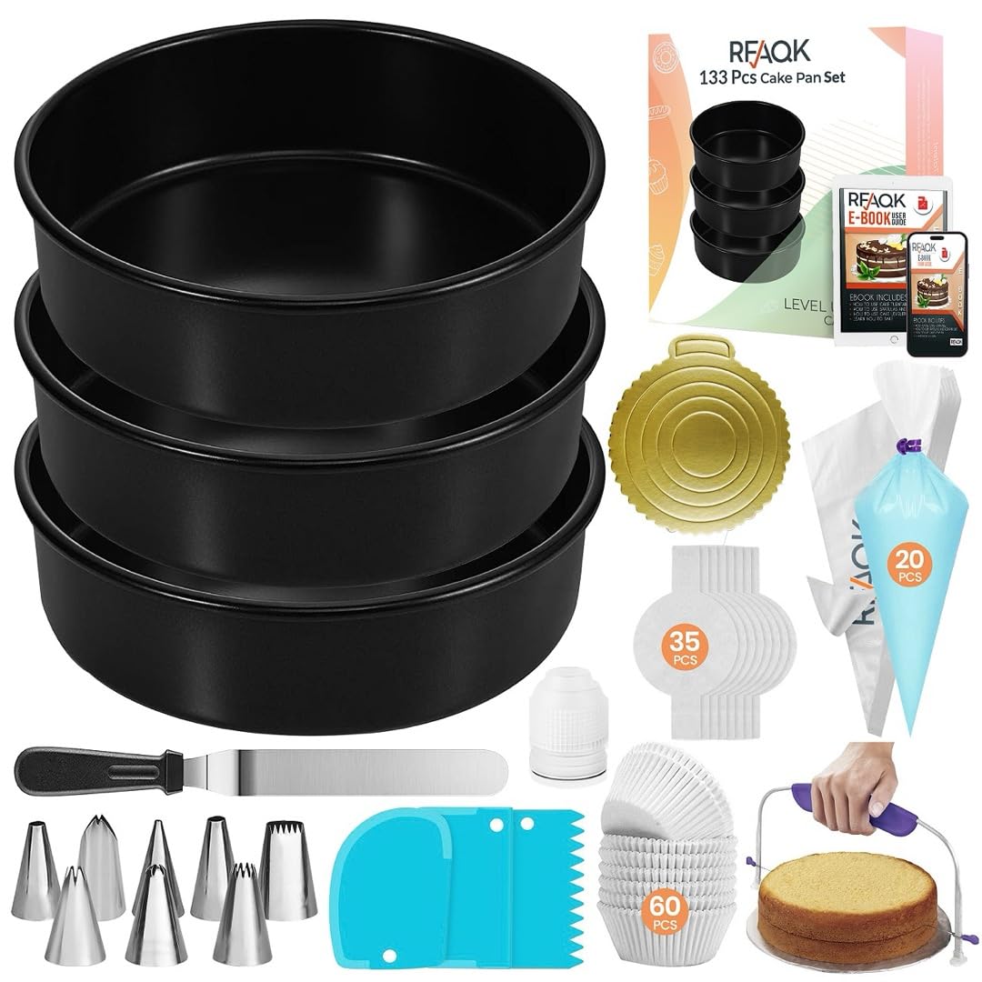 RFAQK 133PCs Round Cake Pans Sets for Baking + Cake Decorating Kit with NonStick 8 Inch Cake Pan Set of 3 -Icing Tips,Cake Leveler,Spatula, Multifunctional Cake Pan, Baking Supplies Gift & eBook RFAQK