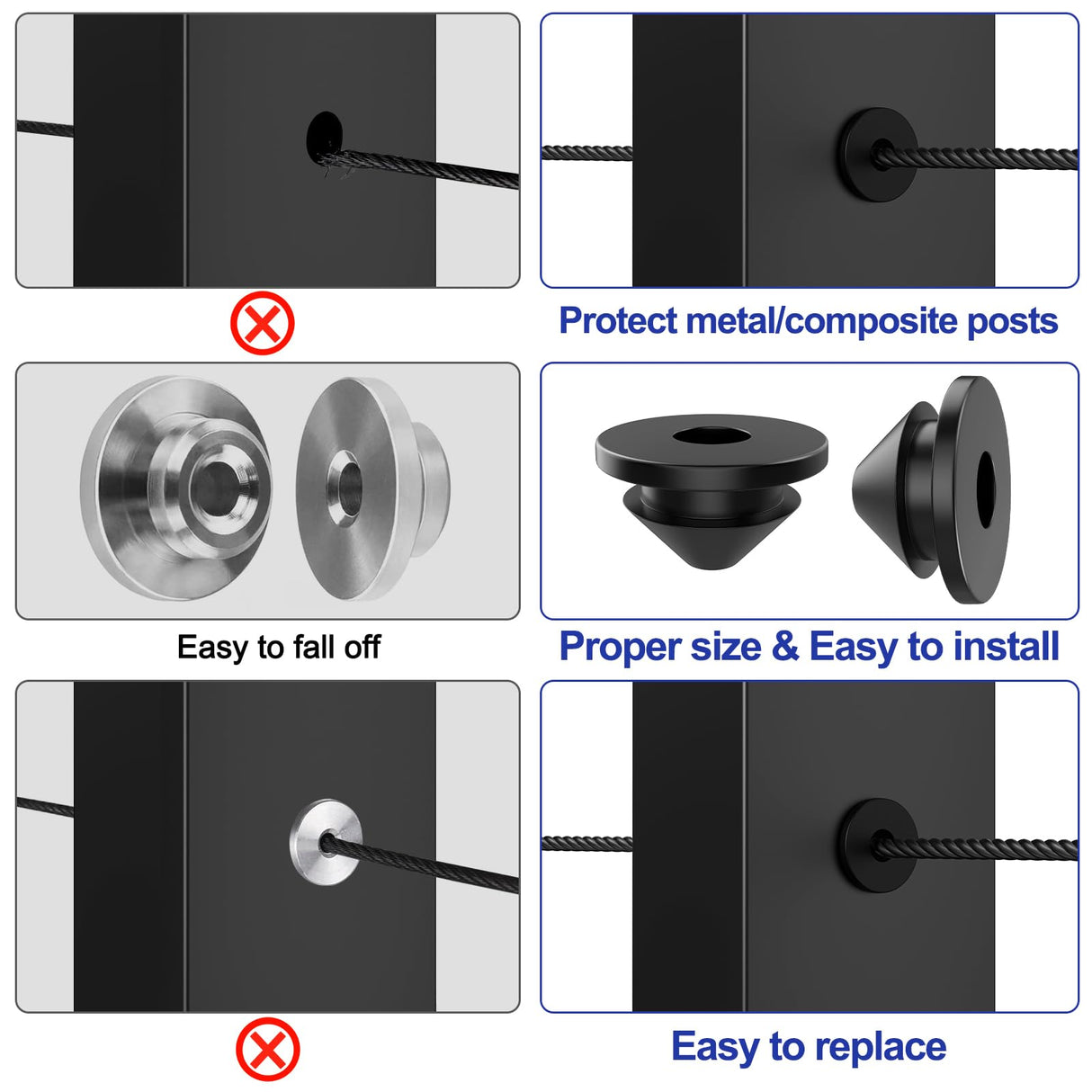 BLIKA 100 Pack Cable Railing Rubber Grommets for 1/8" 5/32" 3/16" Cables for Metal Cable Railing Posts, 1/8" Cable Railing Grommet, Cable Railing Protective Sleeves for Metal Posts, BL10-L BLIKA