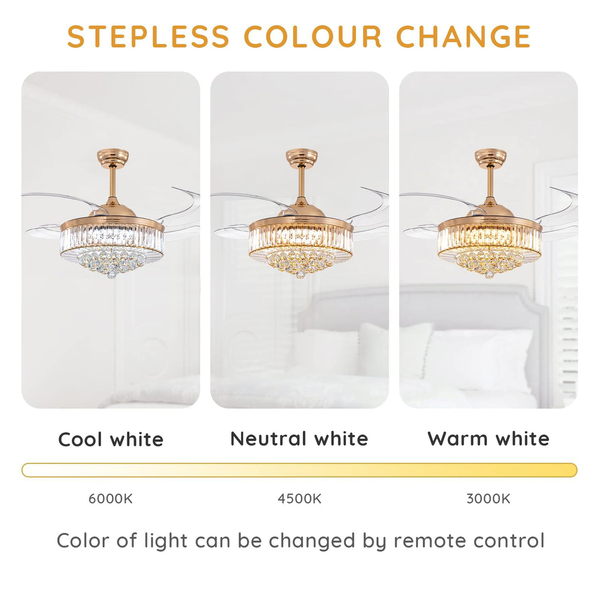 MOOONICHE 48 Inch Crystal Ceiling Fan with Light and Remote Modern Dimmable Fandelier Invisible Retractable Chandelier Fan Gold for Bedroom Living Room MOOONICHE