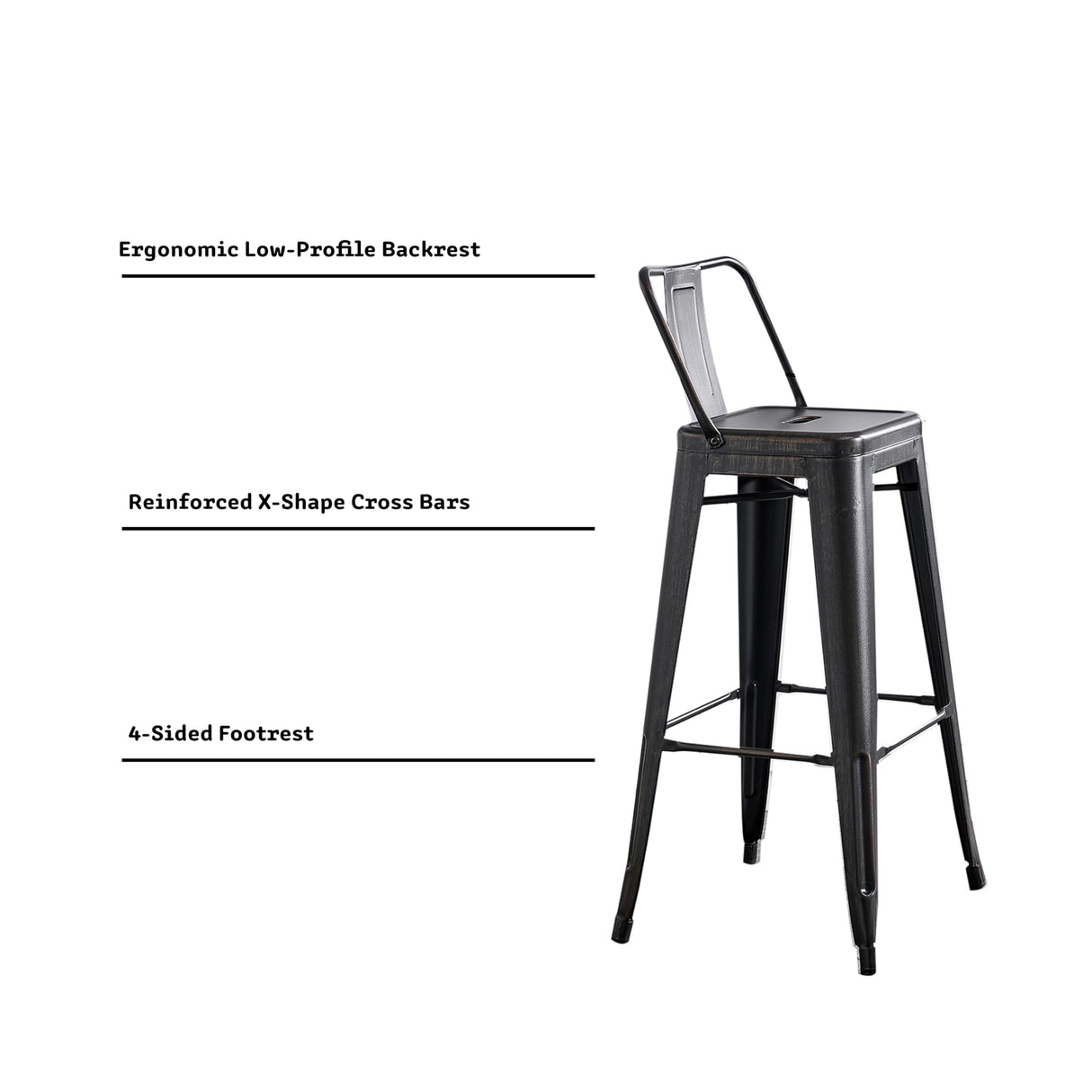 AC Pacific 30” Metal Barstool Set of 2 – Country Rustic Style with Low Back, Lightweight & Sturdy Build, Easy Assembly – Distressed Black AC Pacific