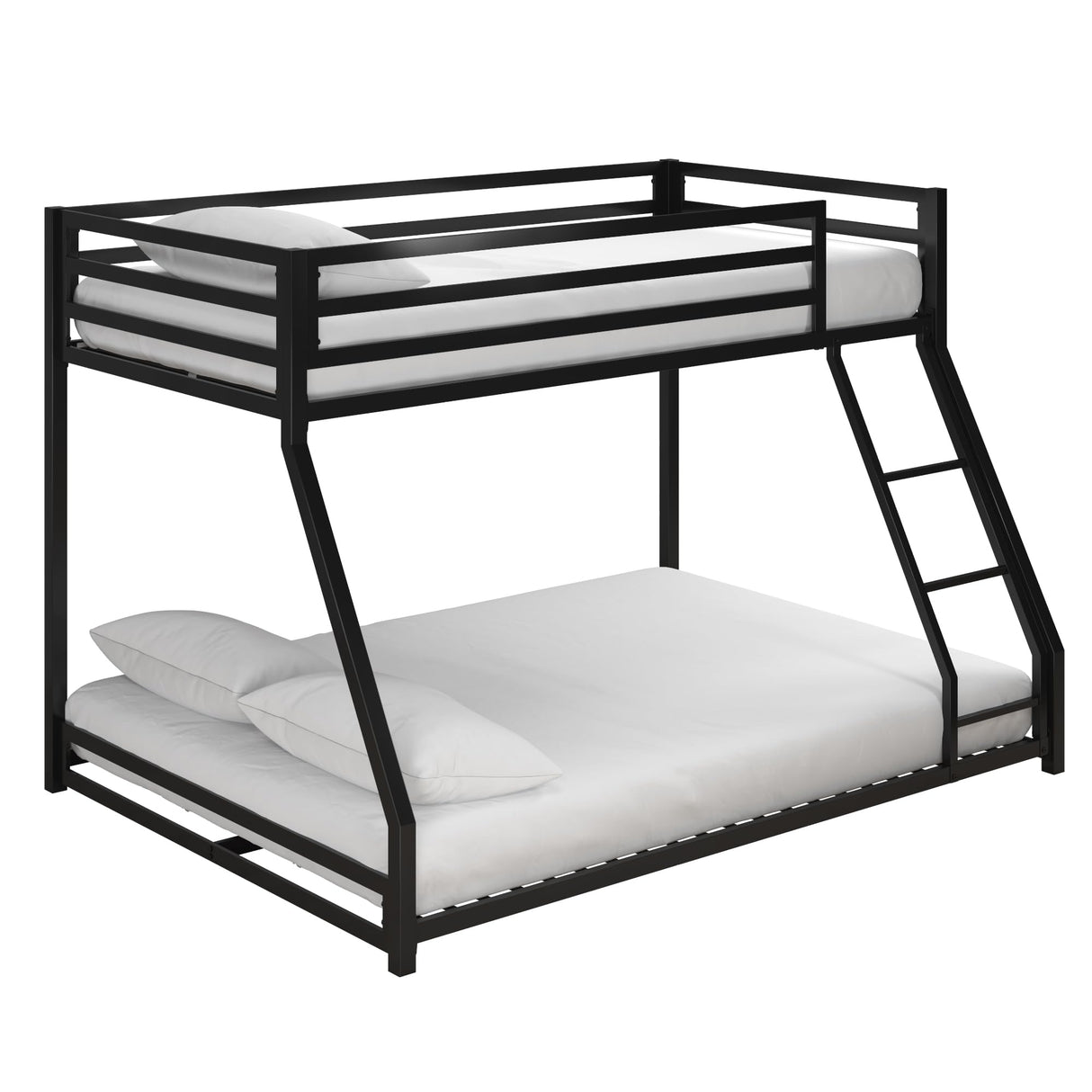 DHP Miles Low Metal Bunk Bed Frame for Kids, With Built-in Ladder, High Guardrail and Metal Slats, Floor Bed Bottom Bunk, No Boxspring Required, For Small Spaces, Twin-Over-Full, Black DHP