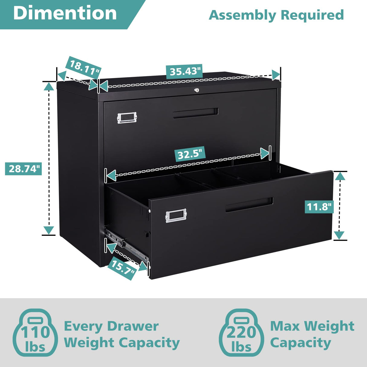 MIIIKO Lateral File Cabinet 2 Drawer, Black Metal File Cabinet with Lock, 35.4" Wide Drawers Storage File Cabinet for Hanging Files Folders Letter/Legal/A4 Size MIIIKO