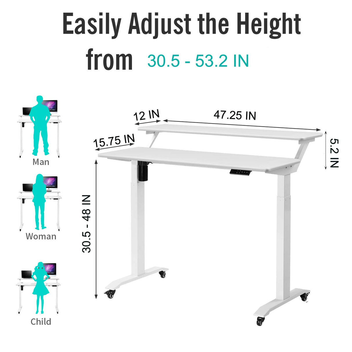 UNICOO - 2 Tier Electric Height Adjustable Standing Desk with Wheels, Electric Mobile Standing Workstation, Sit Stand Desk Home Office Desk Whole-Piece Desk Board 48 * 24 in (KT1002-WW) 2Tier UNICOO