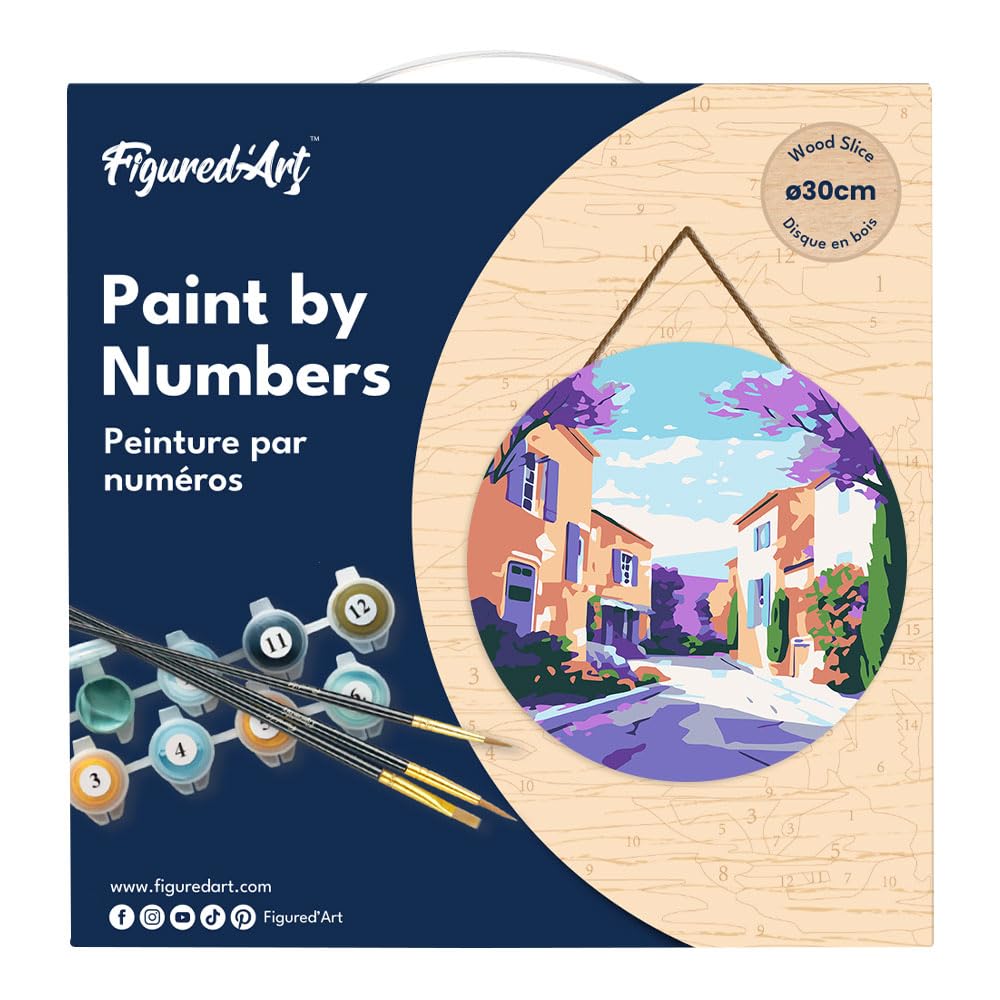 Figured'Art Paint by Numbers Kit for Adults on Wood Slice, 11.8in Diameter - Provence Spring - Craft Art Painting DIY Canvas Figured'Art