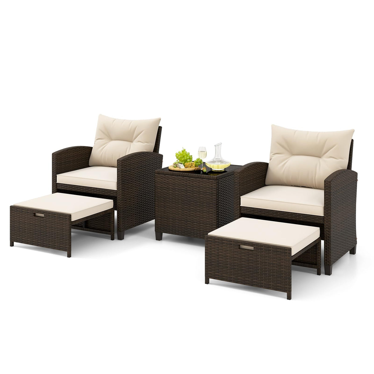 Tangkula 5 Piece Patio Rattan Furniture, Wicker Cushioned Chairs Set w/ 2 Ottomans & Tempered Glass Coffee Table, for Poolside, Backyard, Lawn, Deck (Mix Brown+Off White) Tangkula