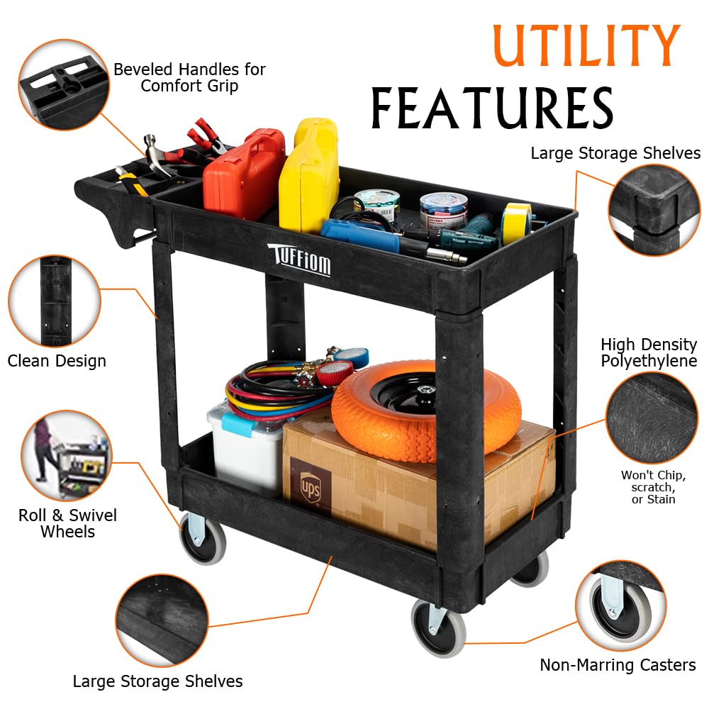 TUFFIOM Plastic Service Utility Cart with Wheels, 550lbs Capacity Heavy Duty Tub Storage Cart W/Deep Shelves, Multipurpose Rolling 2-Tier Mobile TUFFIOM