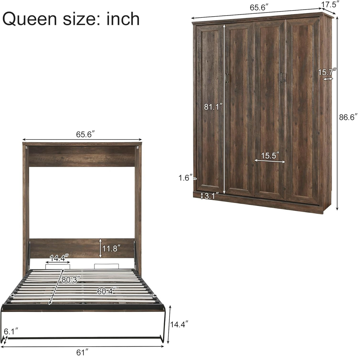 MERITLINE Queen Size Murphy Bed with USB Port,Wood Folding Brown Murphy Wall Bed Cabinet MERITLINE
