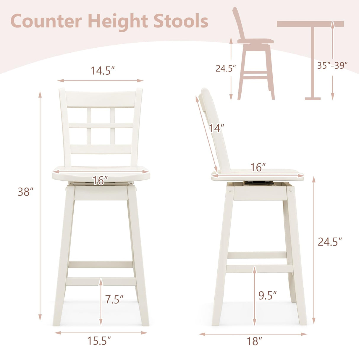 Giantex 24.5" Bar Stools Set of 4, Farmhouse Swivel Barstools with 6-Grid Hollow Back & Ergonomic Contoured Seat, Footrest, Wooden Counter Height Bar Stools for Kitchen Island, Bar, Cafe, White Giantex