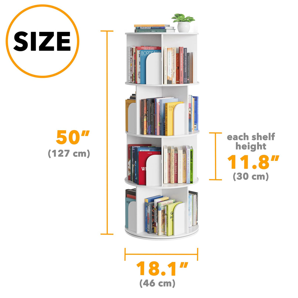 SpaceAid Cross Style 4 Tier Rotating Bookshelf, Spinning 360 Bookcase Lazy Susan Tower, Vertical Revolving Books Shelf Storage Round Carousel Space Saving Organizer, White SpaceAid