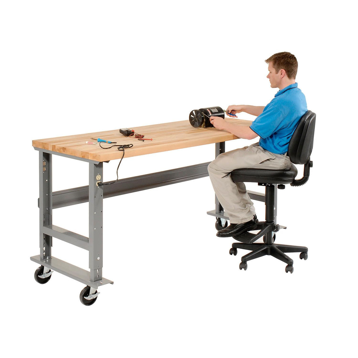 Global Industrial Mobile Adjustable Height Workbench, Maple Butcher Block Square Edge, 72" W x 30" D, Gray Global Industrial