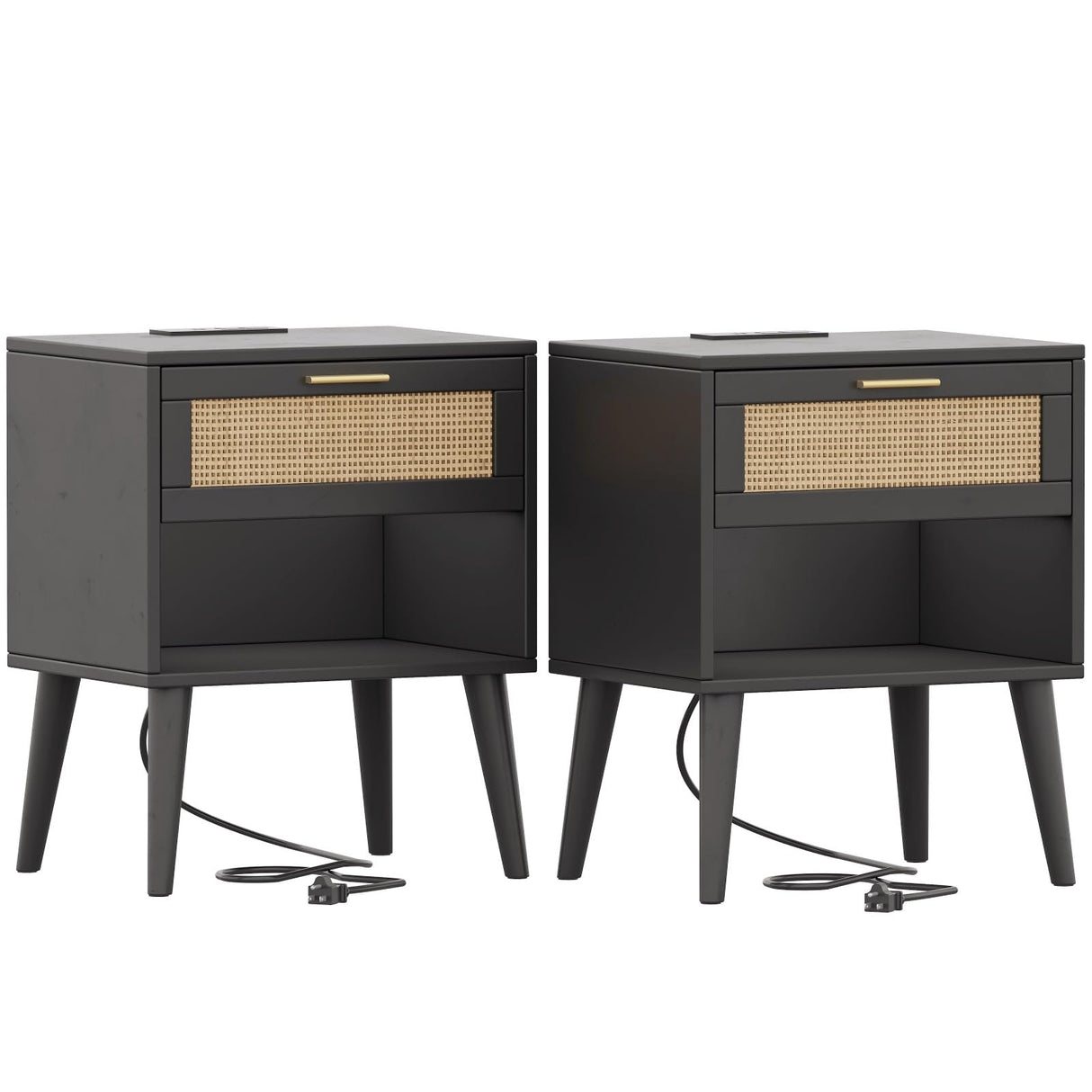 Irontar Nightstand Set of 2, Bedroom Night Stand with Charging Station & Rattan Drawer, Boho Style Bed Side Tables with Solid Legs, Accent End Table with Open Storage, Black and Natural BZZ007BME02 Irontar