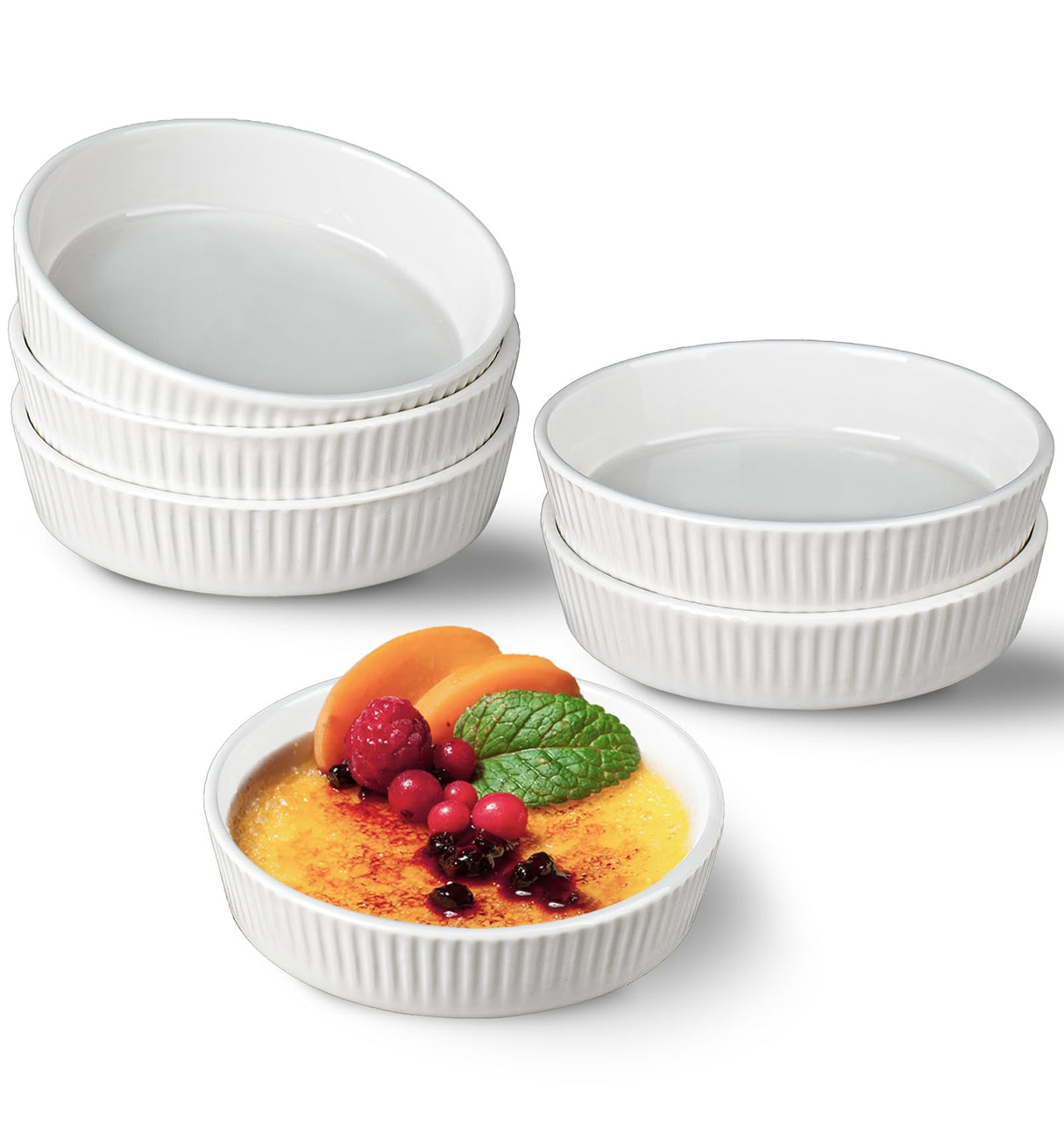 Ramekins 8 oz - Oven Safe Shallow Ramekins for Creme Brulee Dishes- Ceramic Souffle Dishes Quiche Dish Mini Tart Pans for Individual Serving,White Puddings Cups Small Pie Pan Sauce Ramekins Set of 6 KOBIKOBI