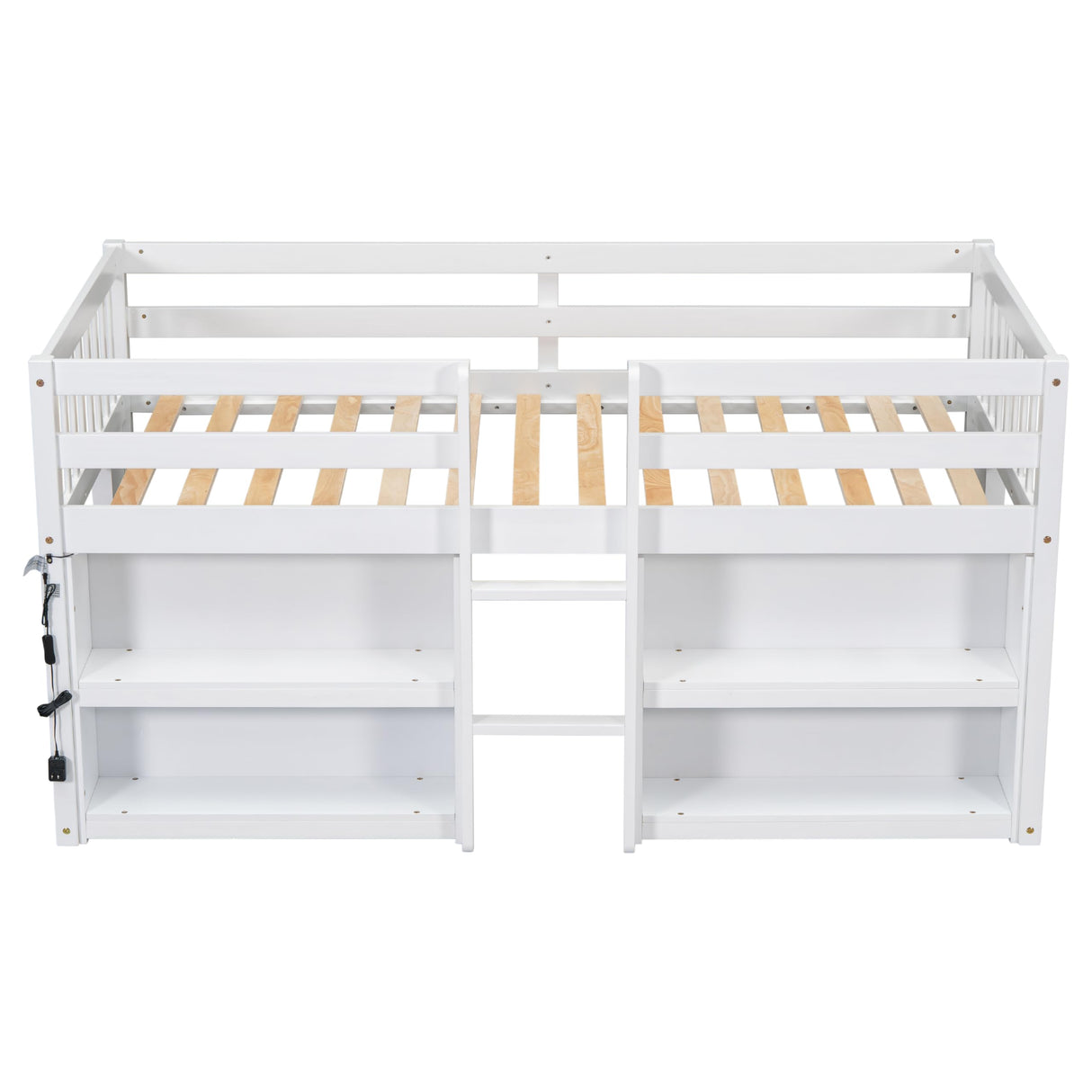 LED Twin Size Low Loft Bed for Kids,Twin Loft Bed with Storage Shelves,Kids Low Loft Bed Frame with LED Light,Space Saving, White Bellemave