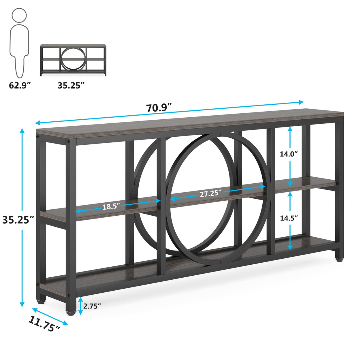 Tribesigns 70.9 inch Sofa Console Table, Extra Long Narrow Entryway Tables with 3 Tier Wood Storage Shelves Metal Frame for Foyer Hallway Living Room Behind Couch, Black Rustic Gray Tribesigns