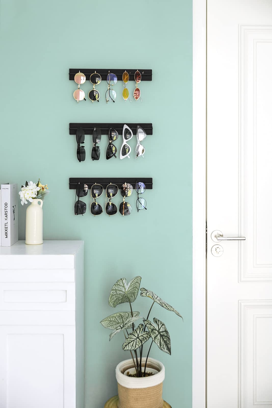 Mkono Wood Sunglasses Storage Organizer Wall Mounted Eyeglasses Holder Eyewear Display Rack Rustic Home Decor, Set of 3, Black Mkono