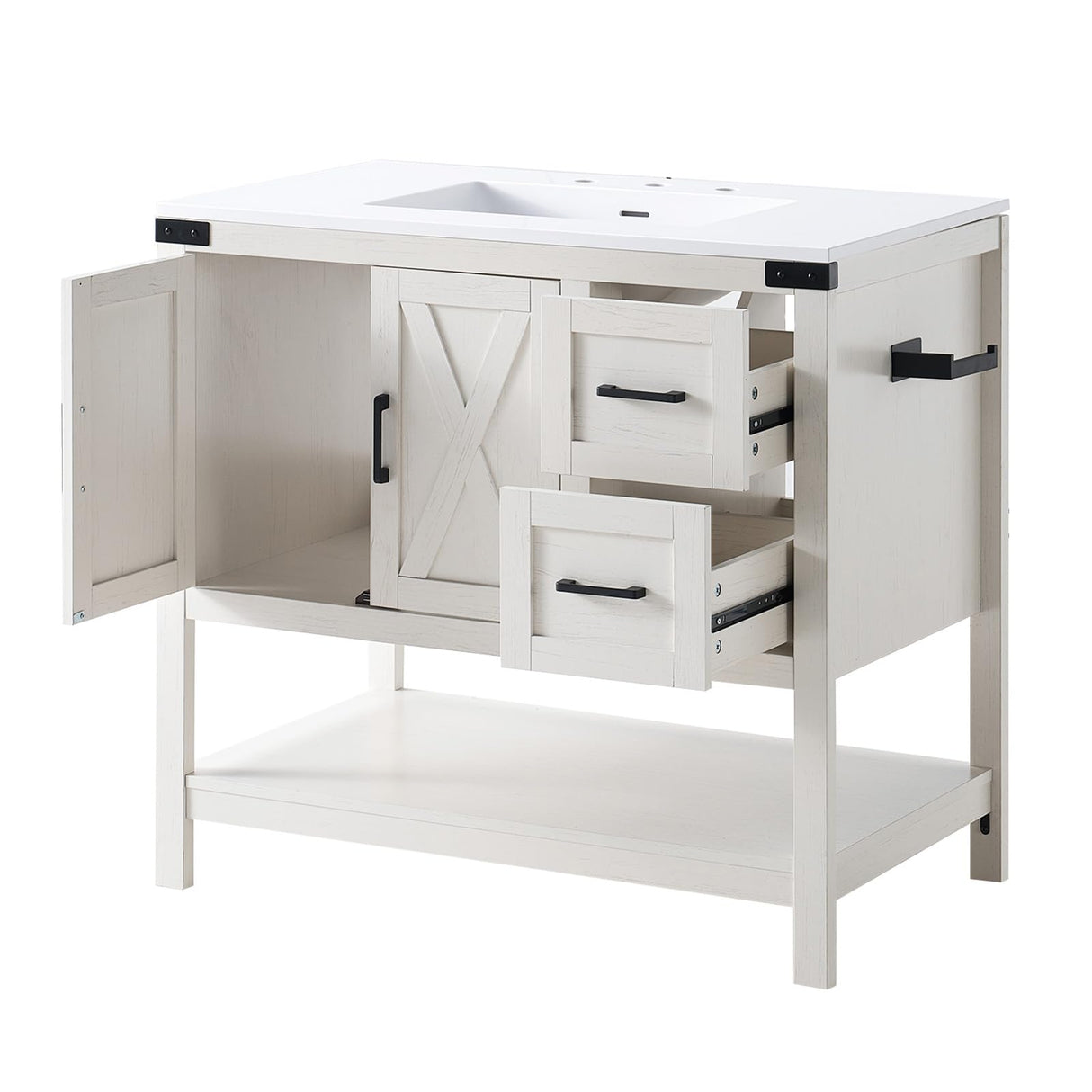 AMERLIFE 36" Farmhouse Bathroom Vanity with Sink Combo, Wood Barn Door Freestanding Small Single Bath Storage Cabinet Set with Sliding Drawers & Open Shelf, Paper Towel Holder, Antique White AMERLIFE