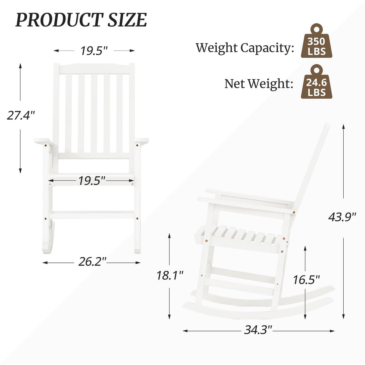 Cozyman Outdoor Rocking Chairs Set of 2, Acacia Wood Rocking Chairs, Patio Rocker Chair with Wide Seats, White Cozyman