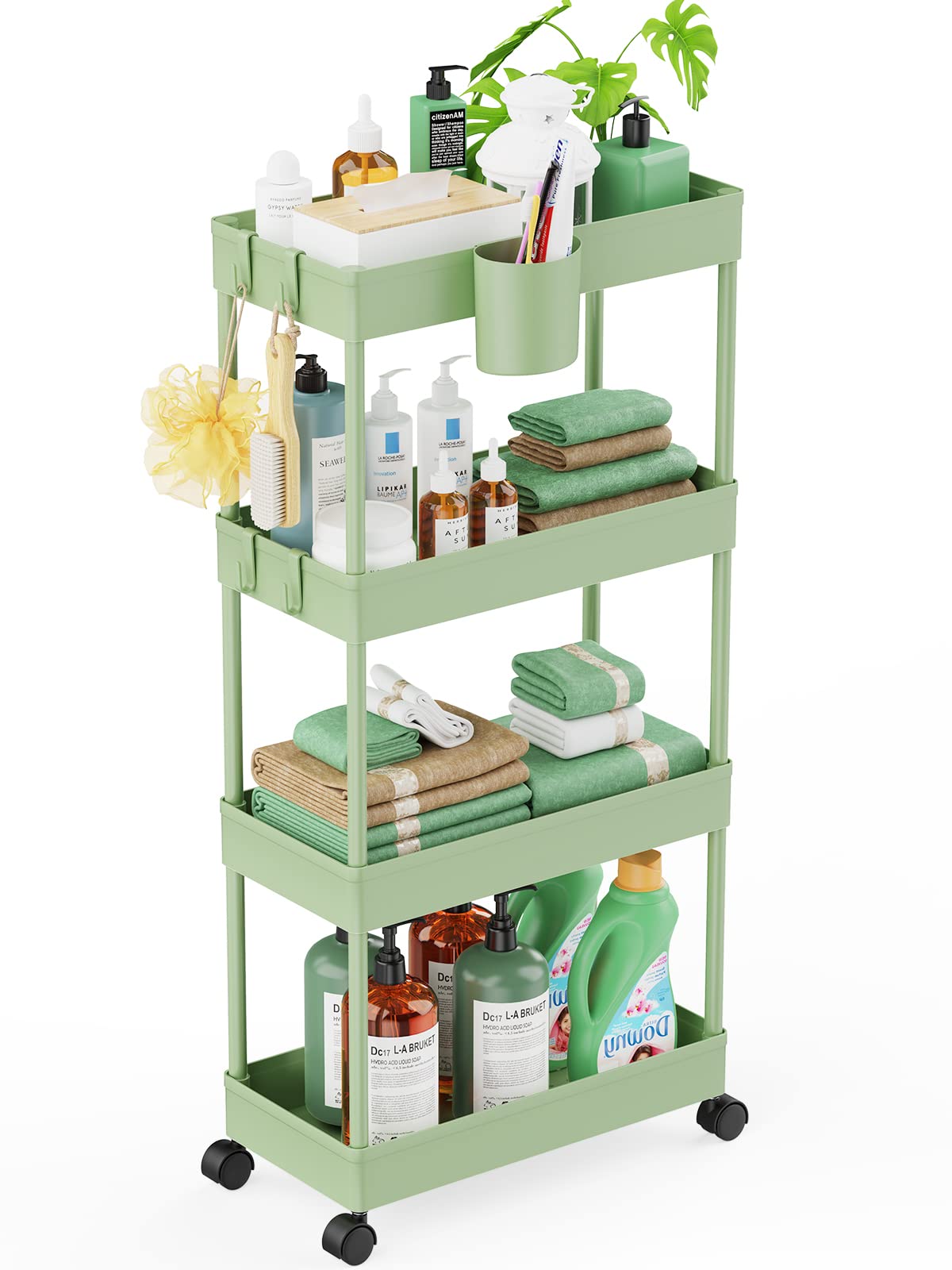 LEHOM Slim Rolling Storage Cart - 4 Tiers Bathroom Organizer Utility Cart Slide Out Storage Shelves Mobile Shelving Unit for Kitchen, Bedroom, Office, Laundry Room, Small Narrow Spaces, Green LEHOM