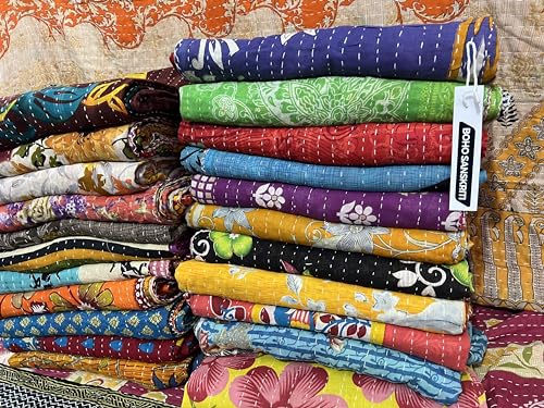 Boho Sanskriti Indian Quilt Vintage Bedspreads,Throws,Ralli, Lot Kantha Reversible Bedcover Bedspread Throw Cotton Blanket Gudari -Single Pieces, Twin Boho Sanskriti