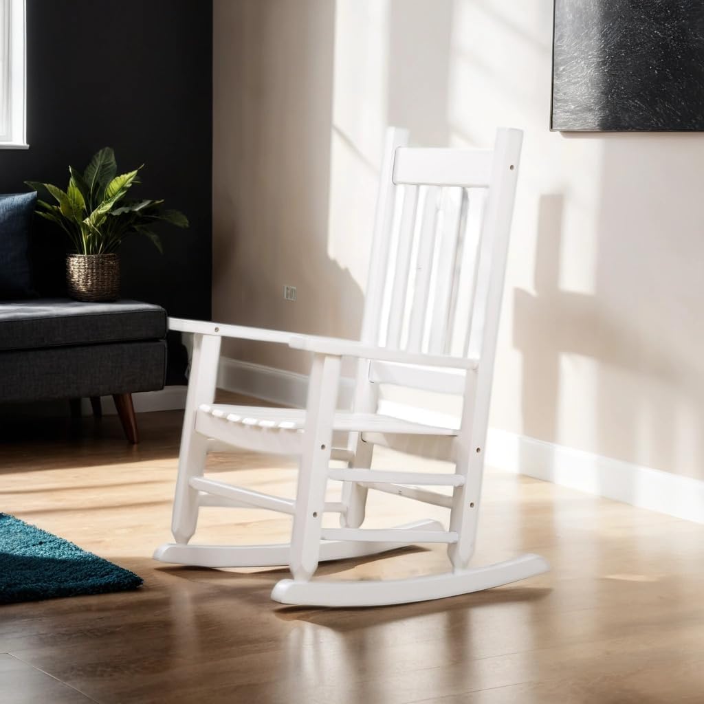 BplusZ Child Rocking Chair Kid's Toddler Rocking Chair Comfy Rocker Furniture Indoor Outdoor Patio Porch Balcony Reading Room for Baby Children Wooden Rocking Chair Ages 6-10, White BplusZ