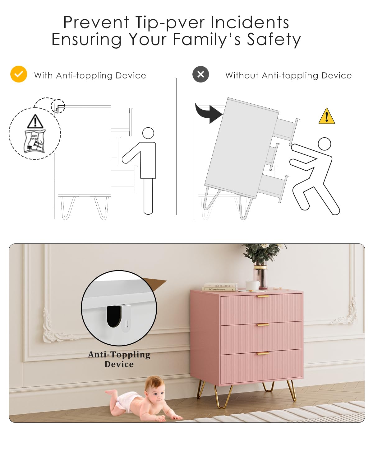 AEPOALUA Fluted 3 Drawer Dresser for Bedroom, Modern Storage Bedroom Dresser Chest Cabinet Organizer with Anti-Tip Hardware for Living Room, Dressing Room, Kids Room, Office (Pink) AEPOALUA