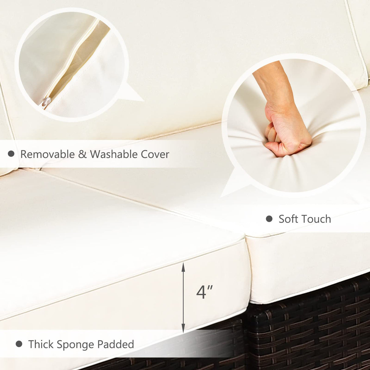 COSTWAY 7 Piece Patio Furniture Set with 32'' Fire Pit Table, Outdoor Wicker Rattan Sectional Sofa Set with 4'' Thickened Cushions, Side Coffee Table for Poolside Backyard (Off White) COSTWAY