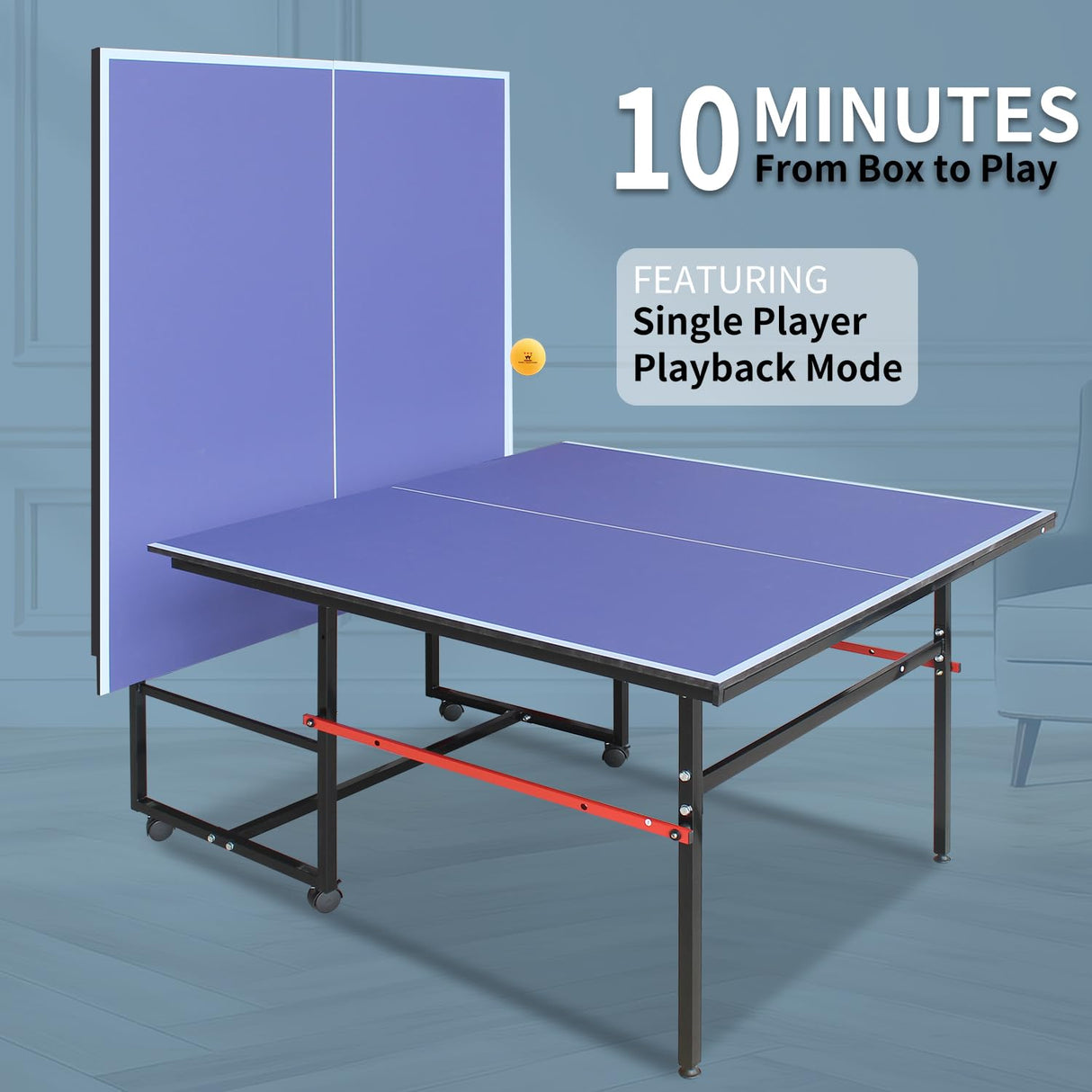 Professional Table Tennis Table, Foldable Ping Pong Game Set for Indoor, 8FT 9FT Single Player Playback Mode Ping Pong Table with Net and Post Set, 2 Paddles and 3 Balls (Blue-8FT) Generic