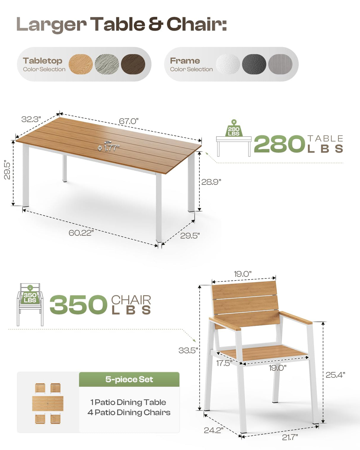 Oasbira Outdoor Dining Set for 4, Patio Table and Chairs Set with Umbrella Hole, 5 Pieces HDPS Outdoor Furniture Sets for Patio, Garden, Backyard (White & Teak) Oasbira
