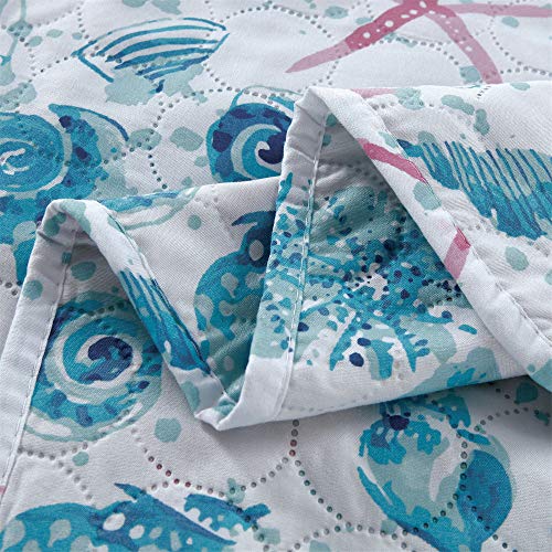 Pink Starfish & Aqua Twin Size Beach Quilt Set - Reversible & Lightweight Bedding - Collection with Coverlet Jessy Home