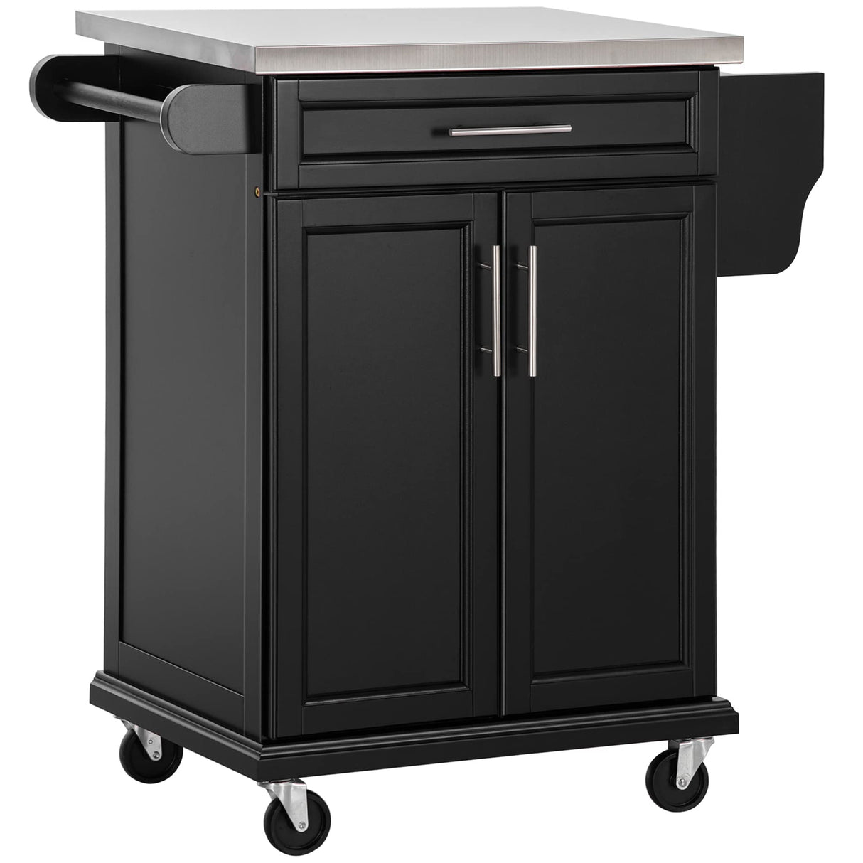 HOMCOM Kitchen Island on Wheels, Rolling Kitchen Cart with Stainless Steel Countertop, Drawer, Towel Rack and Spice Rack, Utility Storage Trolley, Black HOMCOM
