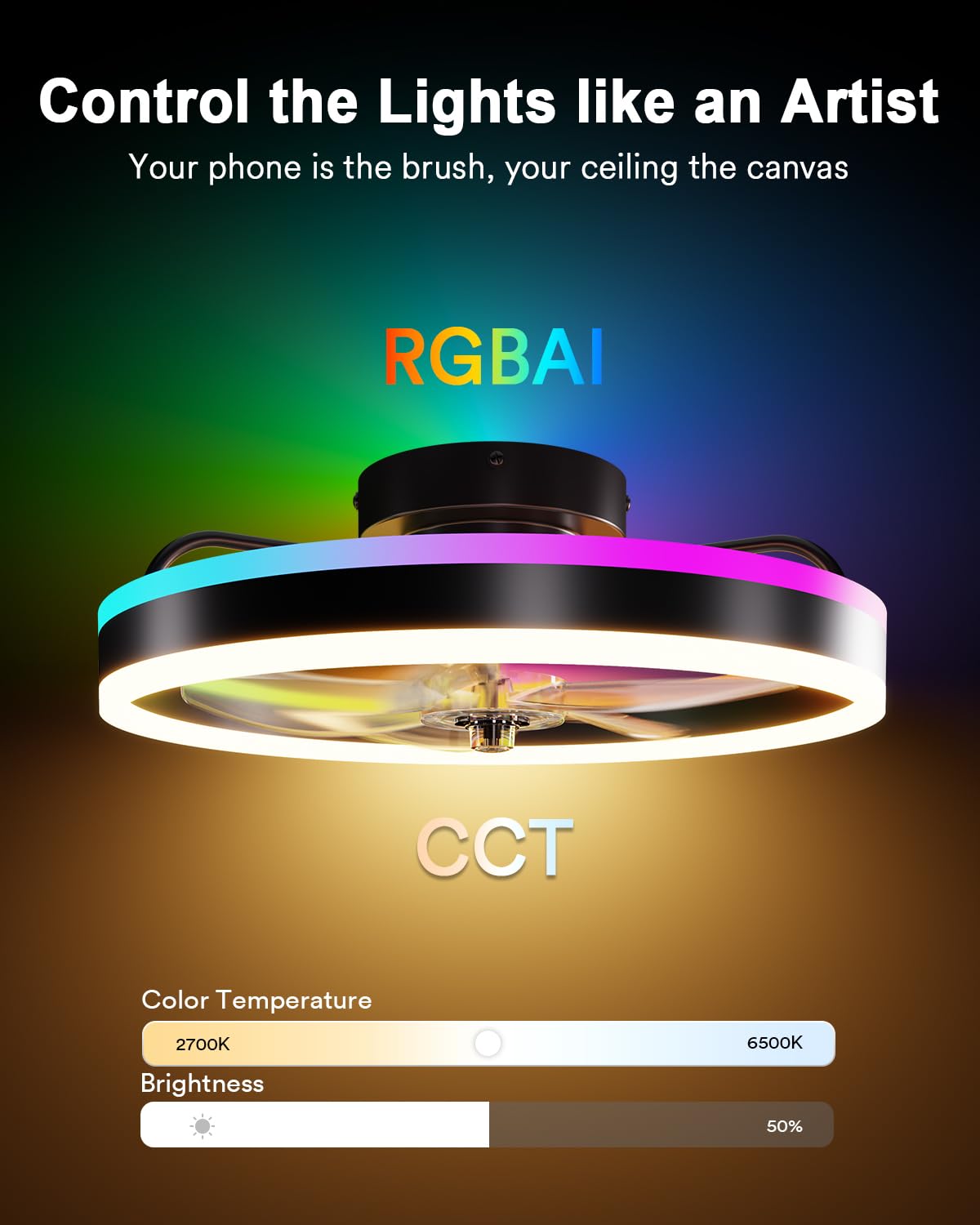 Lumary Smart WiFi Ceiling Fans with Lights, RGBAI Flush Mount Ceiling Fans with Lights and Remote, Dual Lighting Mode Modern LED Low Profile Ceiling Fan for Bedroom Works with Alexa Google, 20in Black Lumary