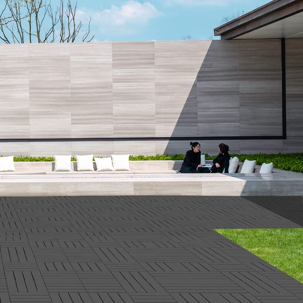 SHPAI Plastic Interlocking Deck Tiles, 36 Pack, 12"x12" Patio Decking Tiles Not-Slip All Weather Use, PVC Waterproof Outdoor Flooring Pavers for Backyard, Poolside, Porch, Balcony, Dark Grey SHPAI